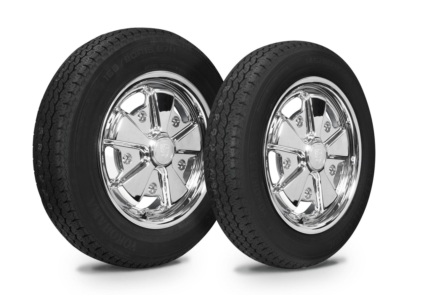 EMPI Wheel & Tire Combo, Staggered, 911 Alloy Chrome 4.5x15 & 5.5x15 – 5/205, Yokohama GT Special 145/80R15 & 165/80R15 (10-2017-0)