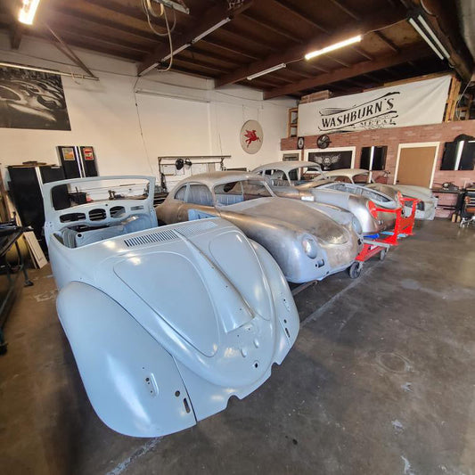 Inside the Washburn's Metal shop floor in Orange, CA — air-cooled VW and Porsche restoration in progress