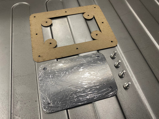 Washburn's Tunnel Access Plate Kit — 14ga laser-cut steel cover and flange for VW Beetle, Type 3, Ghia, and Thing shifter coupler service