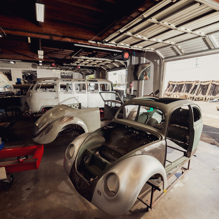 Bare-metal VW Beetle body mid-restoration at Washburn's Metal, Orange CA