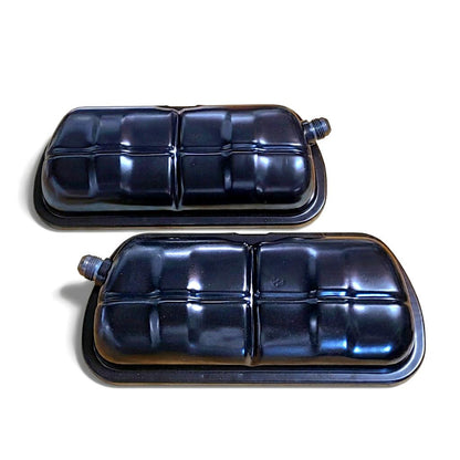 Restored German VW valve covers pair with TIG-welded -8 AN breather bungs — semi-gloss black powder coat