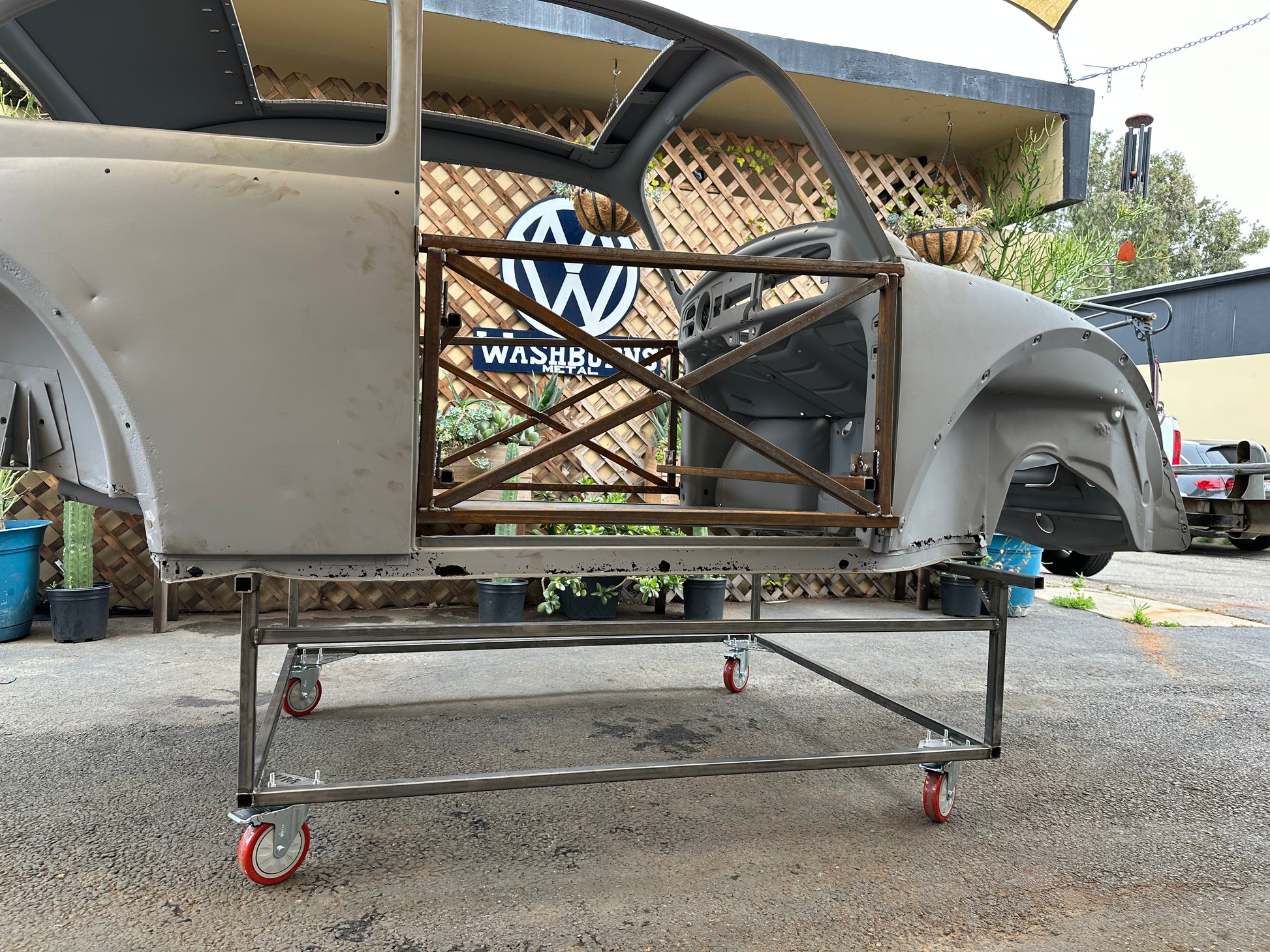 VW Beetle body cart frame detail — .090 wall steel tubing with CNC-cut gussets