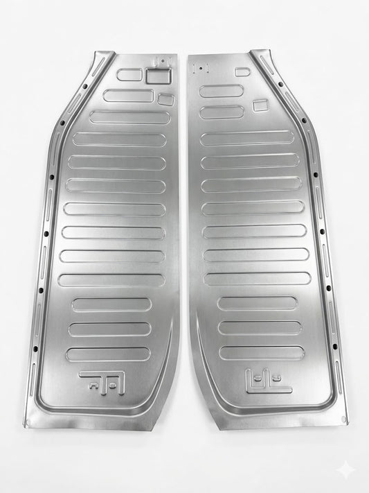 Shortened VW dune buggy and kit car floor pan halves, pair, hand-fabricated by Flat Out Custom
